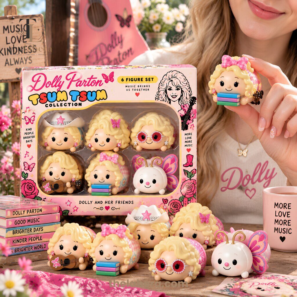 Dolly Parton Tsum Tsum Collection 6 Figure Set Music Brings Us Together 8 Dolly Parton Tsum Tsum collection 6-figure set with cream and blonde characters in tiara, glasses, guitar and books designs plus butterfly fairy figure on cream packaging