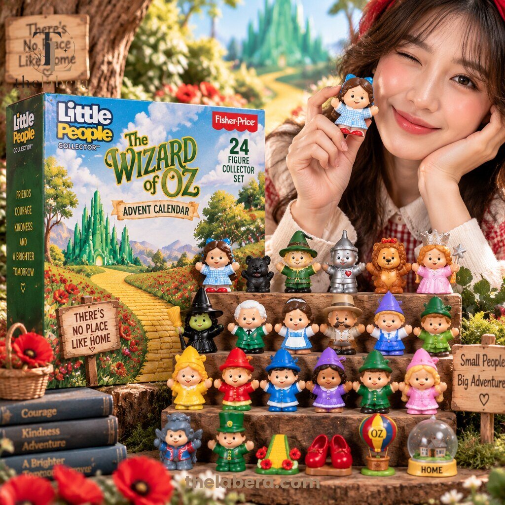 Fisher-Price Little People The Wizard of Oz Collector Set 24 Figures Advent Calendar 9 Fisher-Price Little People Wizard of Oz collector set with 24 figures including Dorothy, Scarecrow, Cowardly Lion, Tin Man, Glinda and Wicked Witch on green advent calendar packaging with Emerald City and yellow brick road